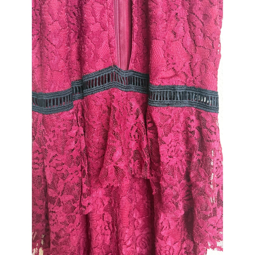 NWT PrettyLittleThing Burgundy Lace Ruffle Detail Plunge Maxi Dress Size 8 - Picture 5 of 11